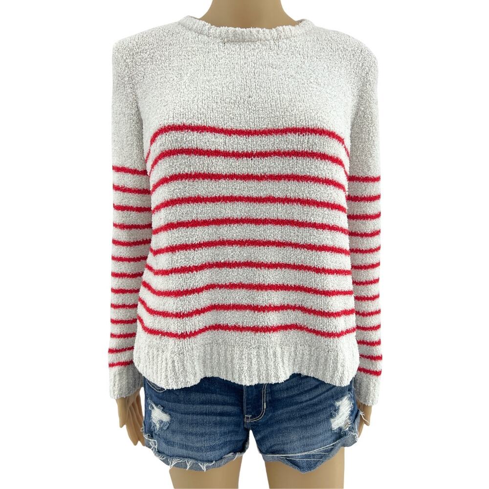 Lilly McKay Collection SMALL Ivory Cream and Red Striped Boucle Knit Sweater